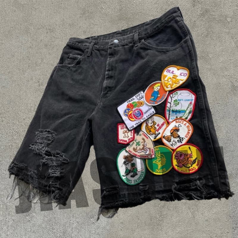 Custom Patch Embroidery Casual Streetwear Distressed Acid Wash Jeans Shorts Vintage Y2k Graphic Denim Shorts Men