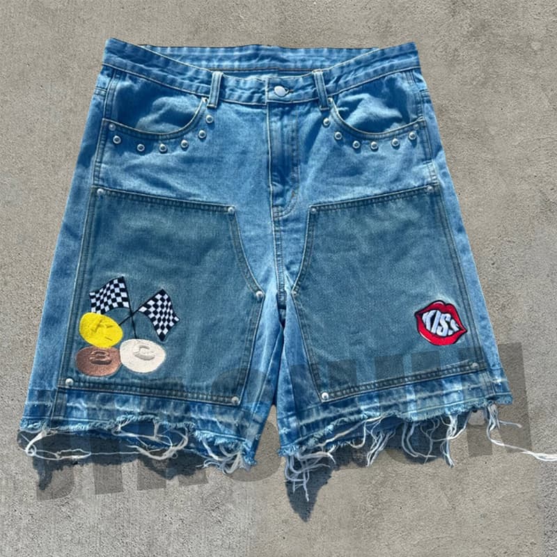 Factory Custom Men's Summer Stretch Fabric Patch Embroidery Acid Wash Denim Shorts