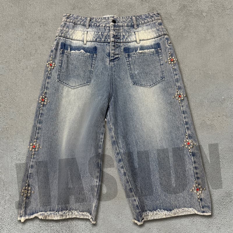Custom Manufacturer Vintage Acid Wash Cargo Carpenter Rhinestone Unisex Pants Baggy Vintage Acid Washed Denim Jeans Men