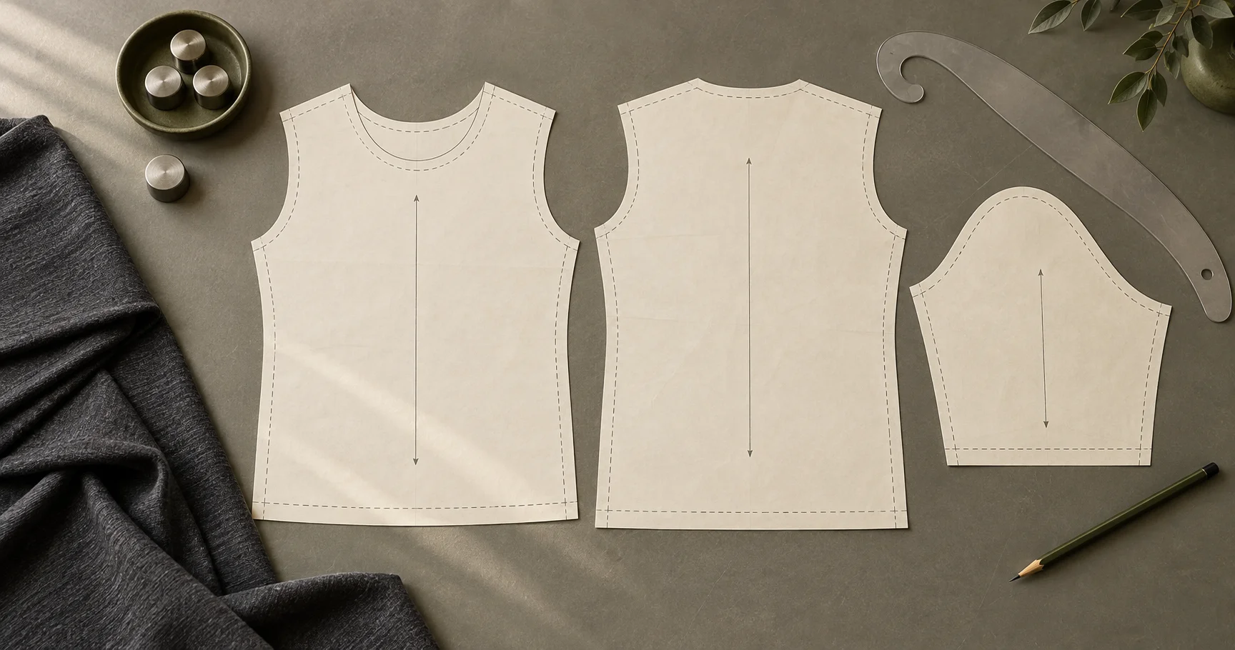 AI-generated illustration of garment pattern pieces, fabric and pattern-cutting tools on a table