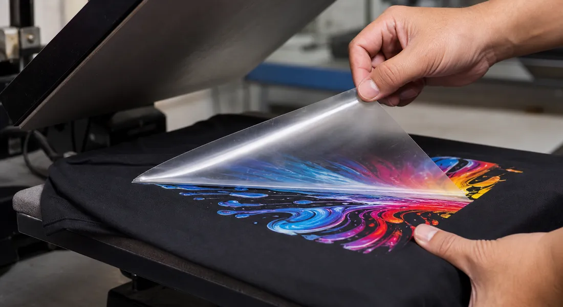 Peeling the PET film off a freshly pressed DTF transfer