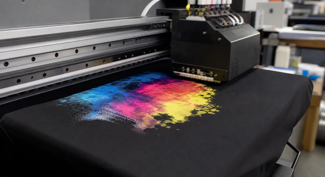 DTG printer printing a full-color graphic directly onto a dark tee