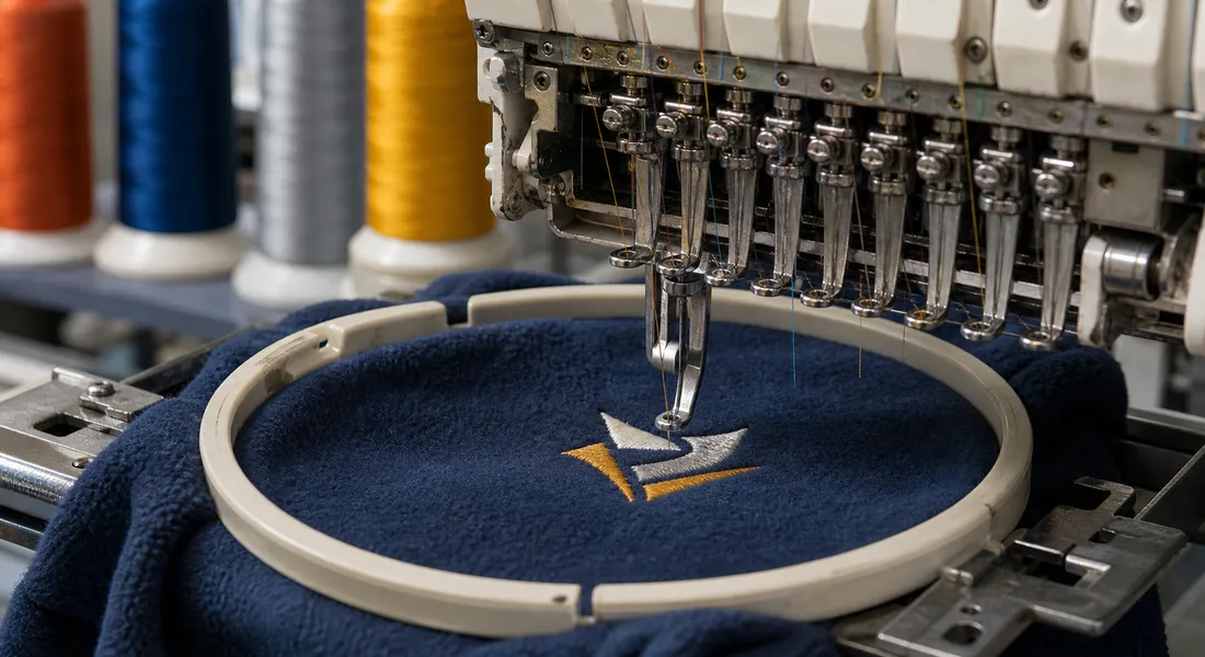 Embroidery machine stitching a logo on hooped fleece