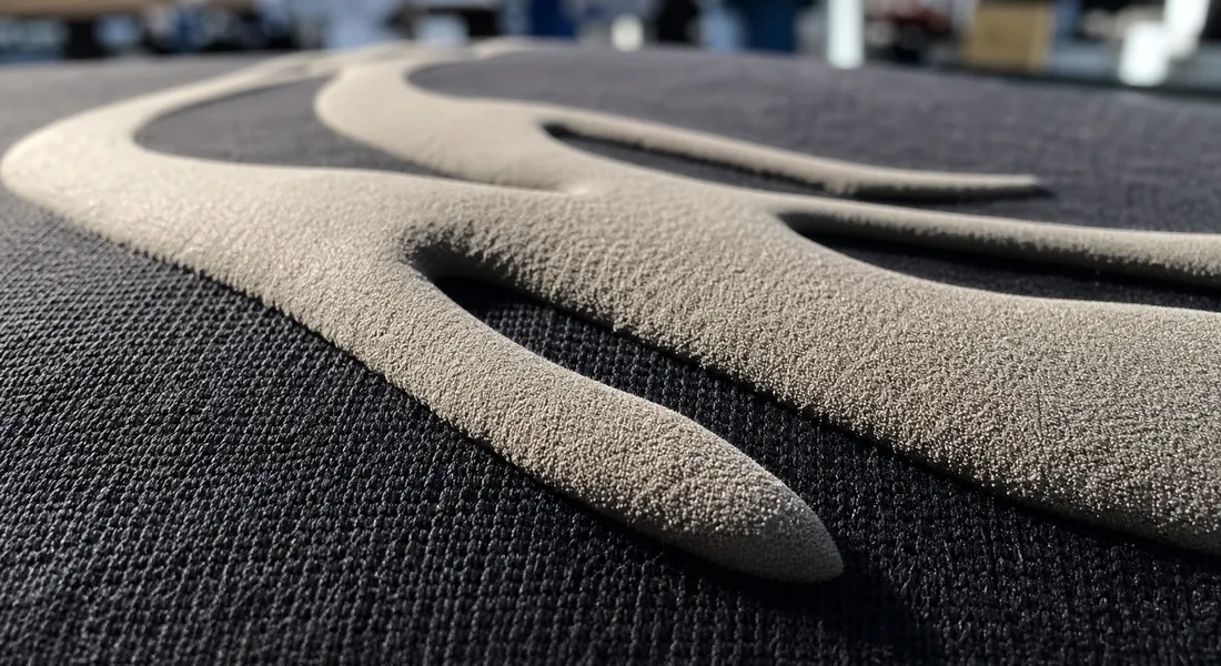 Macro of a raised puff print logo on heavyweight fleece