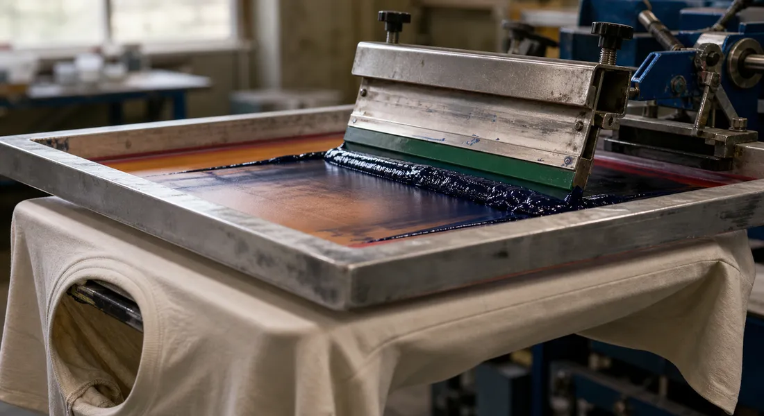 Squeegee pulling plastisol ink across a screen mesh over a t-shirt