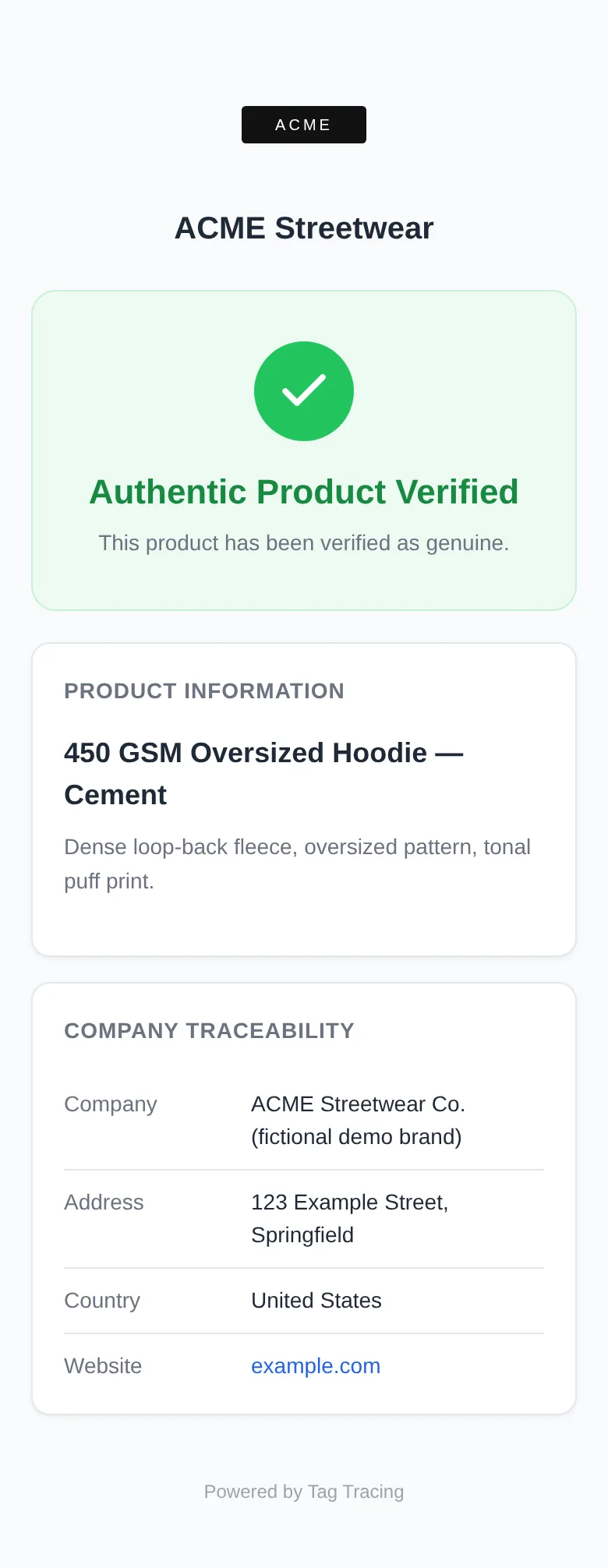 Mobile verification page showing a green Authentic Product Verified result with product details and company traceability