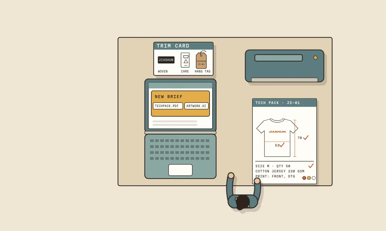 Top-down illustration of the design station: tech pack